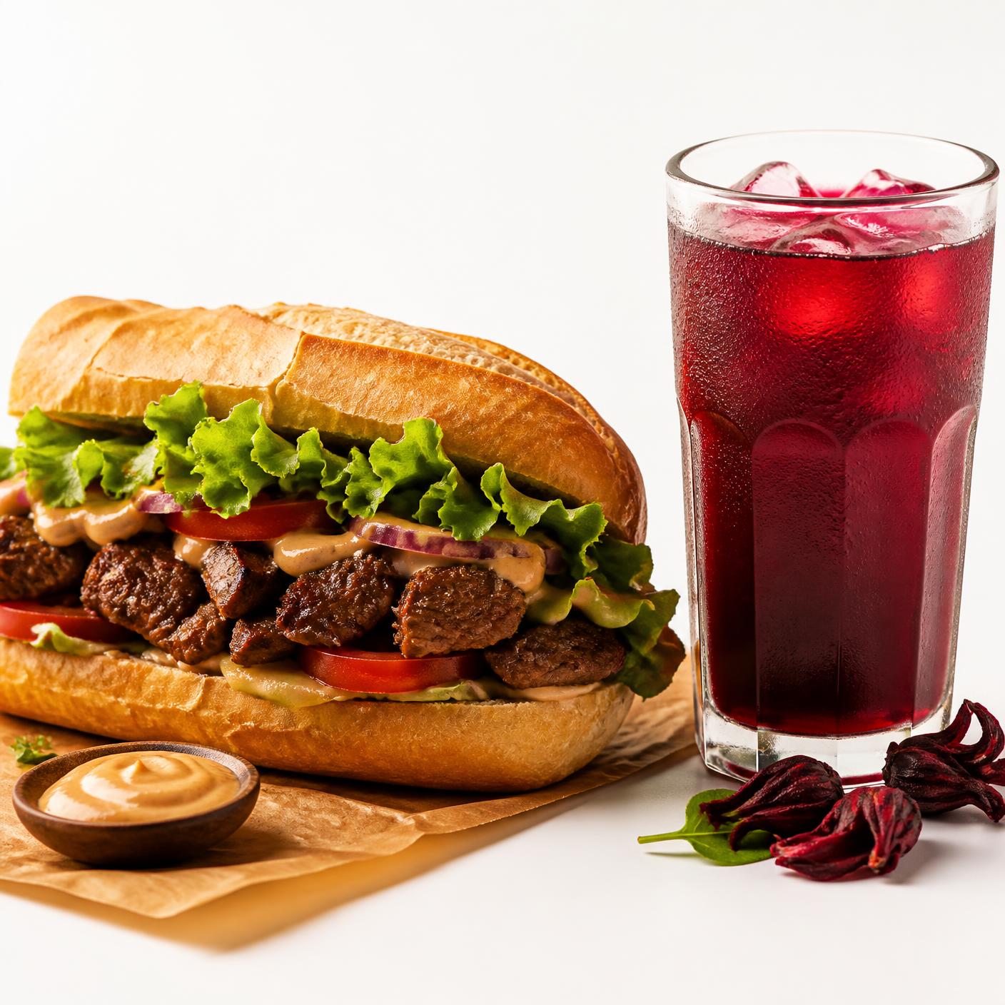 Sandwich AZHAVI KITCHEN garni de viande grillée servi avec un jus de bissap frais